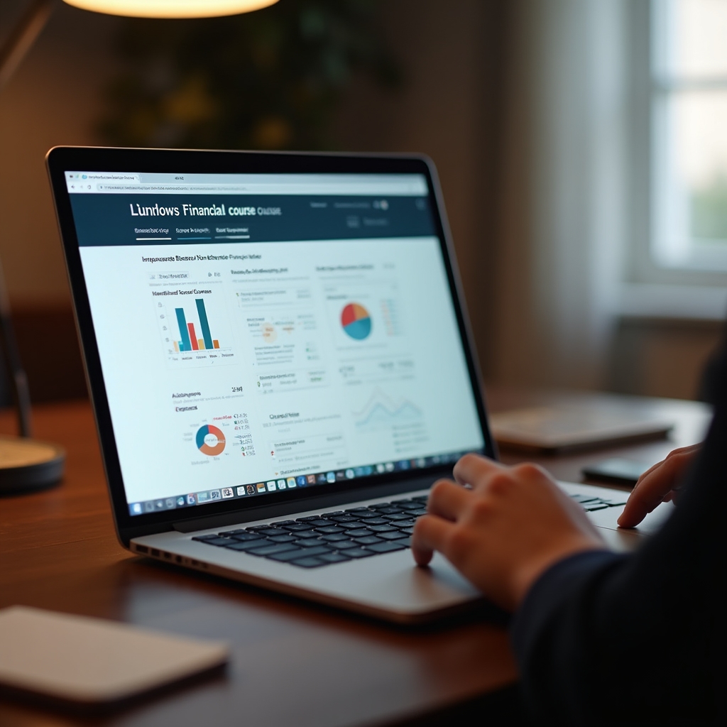Online financial concepts course displayed on a laptop screen in a focused study environment
