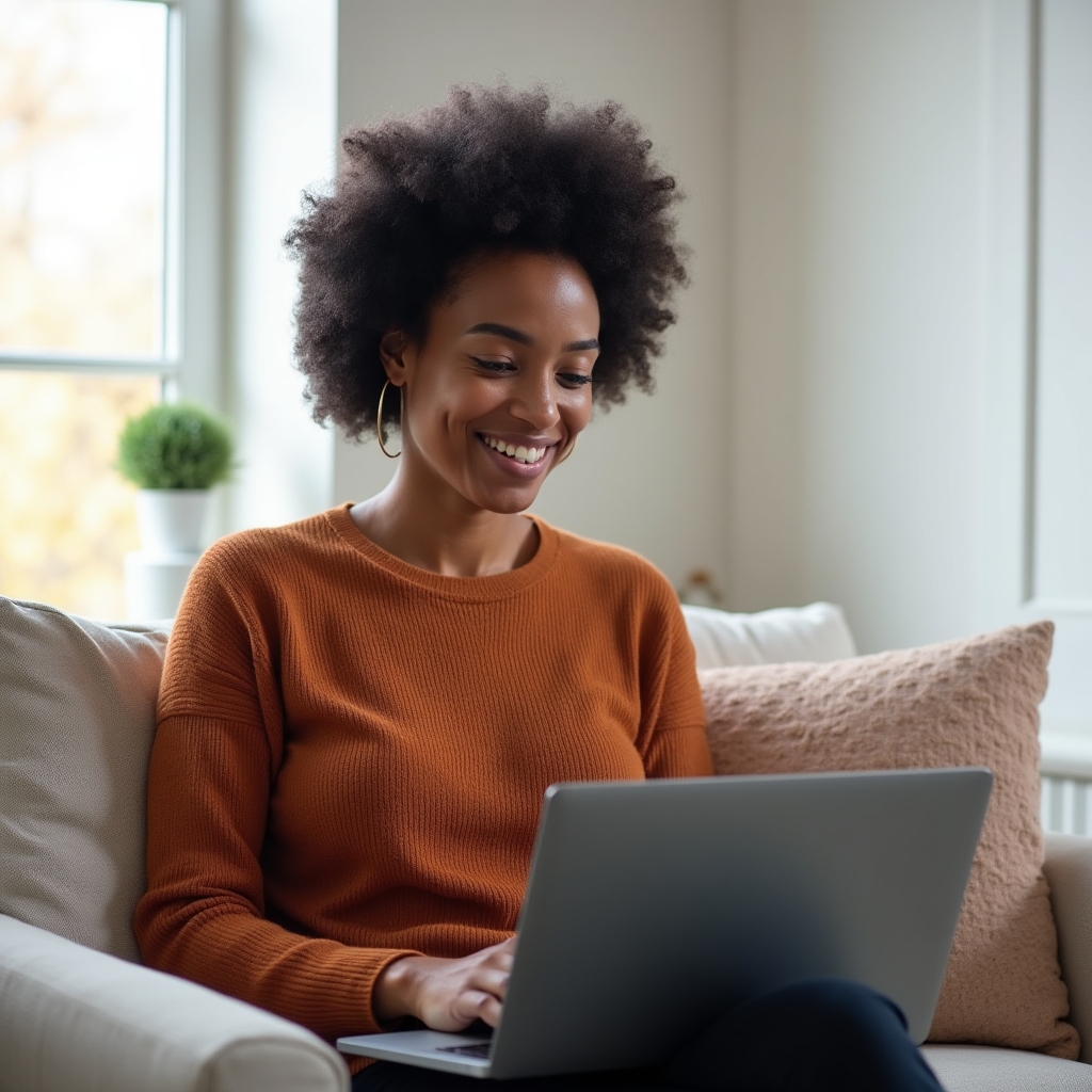 Adult learner engaging with an online personal finance course on a laptop in a comfortable home setting