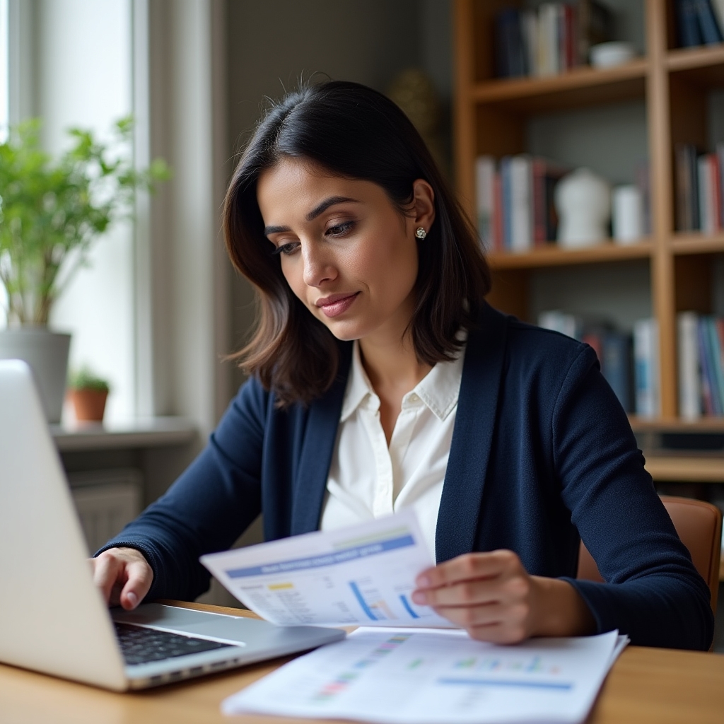 Person reviewing household budget spreadsheet at a desk in a British home office